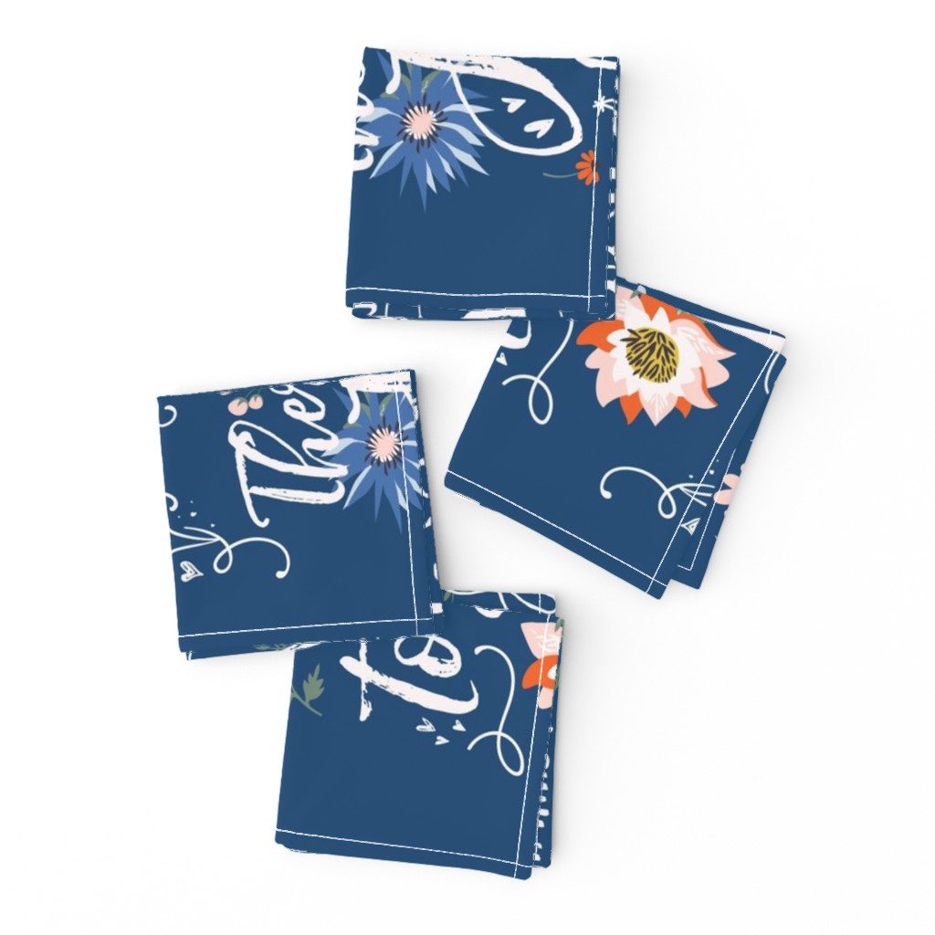 Floral Tea Towel on Dark Blue