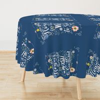 Floral Tea Towel on Dark Blue