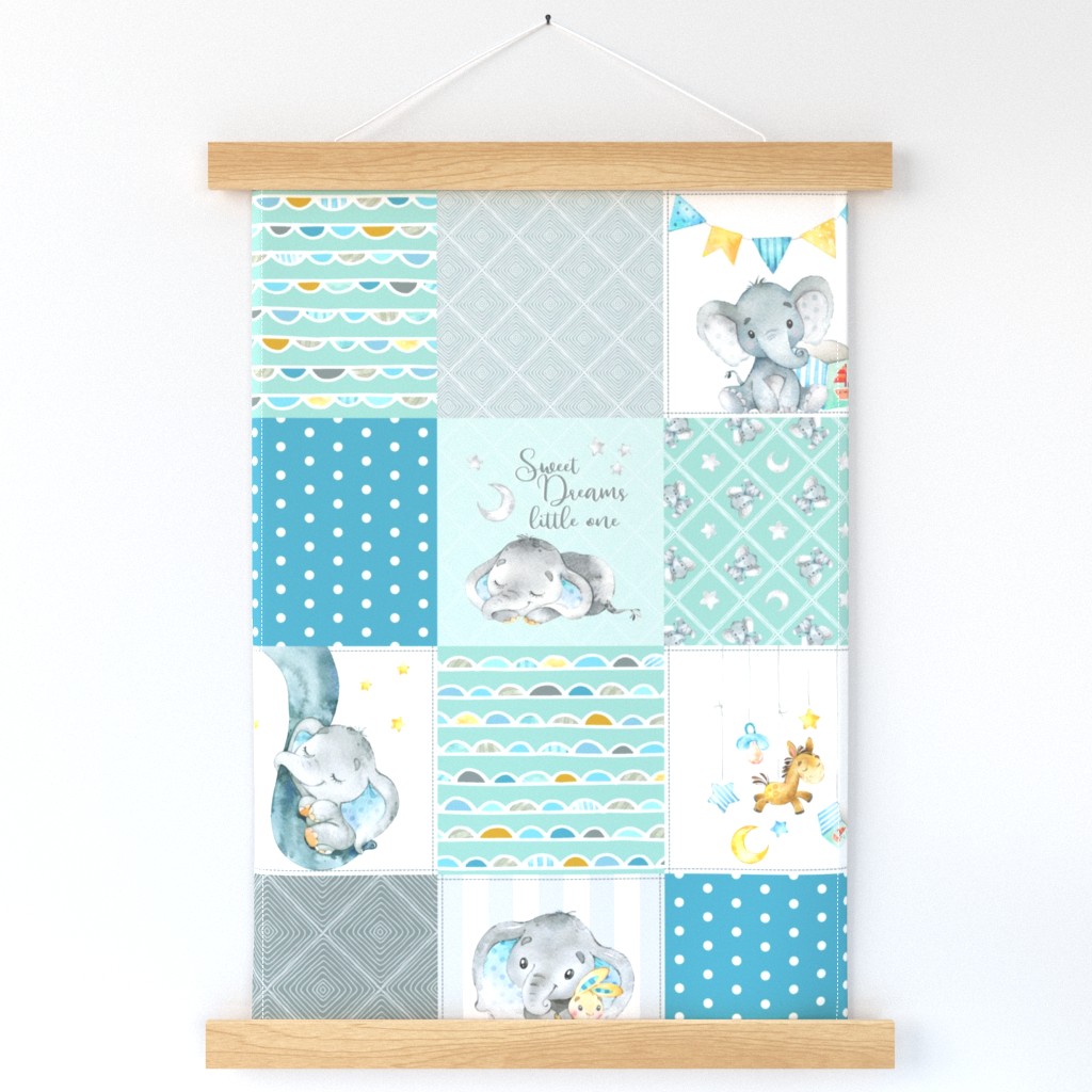 Elephant Quilt Fabric – Baby Boy Patchwork Cheater Quilt Blocks (teal, mint, gray) AB