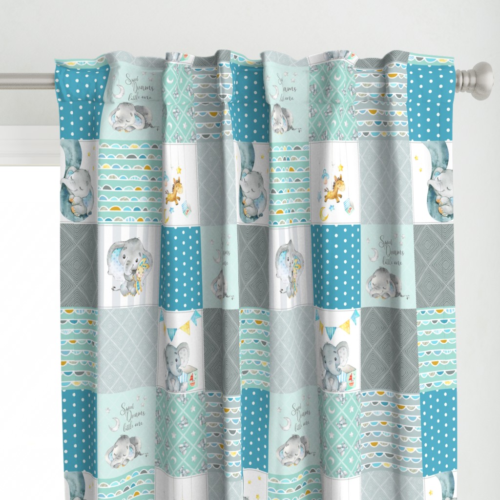 Elephant Quilt Fabric – Baby Boy Patchwork Cheater Quilt Blocks (teal, mint, gray) AB