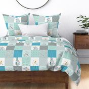 Elephant Quilt Fabric – Baby Boy Patchwork Cheater Quilt Blocks (teal, mint, gray) AB