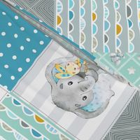 Elephant Quilt Fabric – Baby Boy Patchwork Cheater Quilt Blocks (teal, mint, gray) AB
