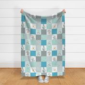 Elephant Quilt Fabric – Baby Boy Patchwork Cheater Quilt Blocks (teal, mint, gray) AB