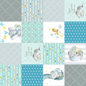 Elephant Quilt Fabric – Baby Boy Patchwork Cheater Quilt Blocks (teal, mint, gray) AB rotated