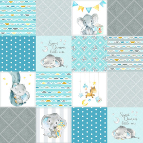 Elephant Quilt Fabric – Baby Boy Patchwork Cheater Quilt Blocks (teal, blue, gray) A