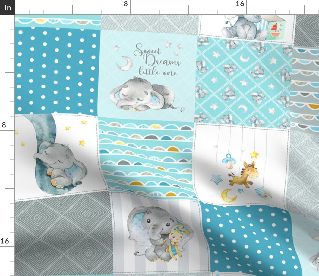 Elephant Quilt Fabric – Baby Boy Patchwork Cheater Quilt Blocks (teal, blue, gray) A