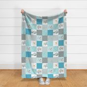 Elephant Quilt Fabric – Baby Boy Patchwork Cheater Quilt Blocks (teal, blue, gray) A rotated