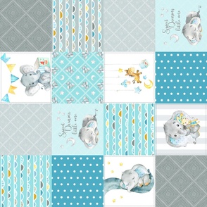 Elephant Quilt Fabric – Baby Boy Patchwork Cheater Quilt Blocks (teal, blue, gray) A rotated