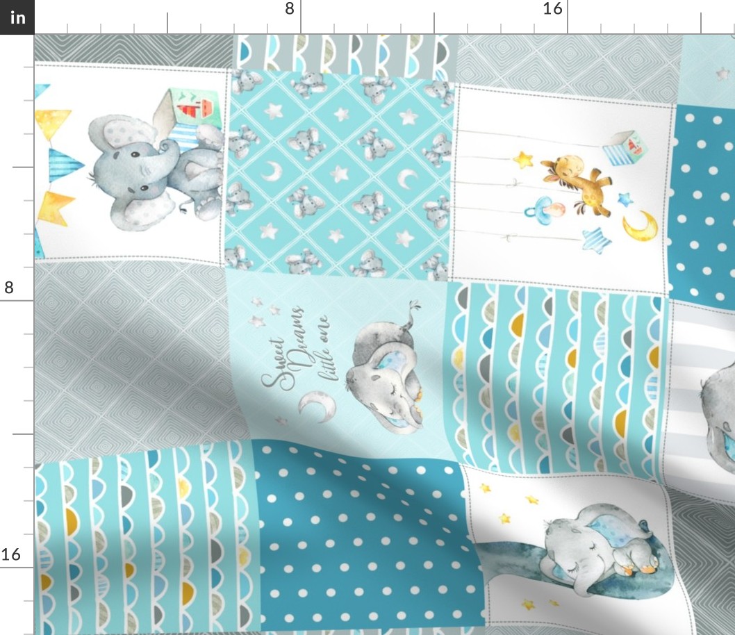 Elephant Quilt Fabric – Baby Boy Patchwork Cheater Quilt Blocks (teal, blue, gray) A rotated