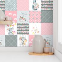 Pink Elephant Quilt Fabric – Baby Girl Patchwork Cheater Quilt Blocks - A