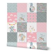 Pink Elephant Quilt Fabric – Baby Girl Patchwork Cheater Quilt Blocks - A