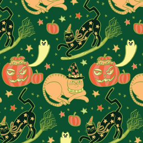 Witchy Cats in Autumn Green