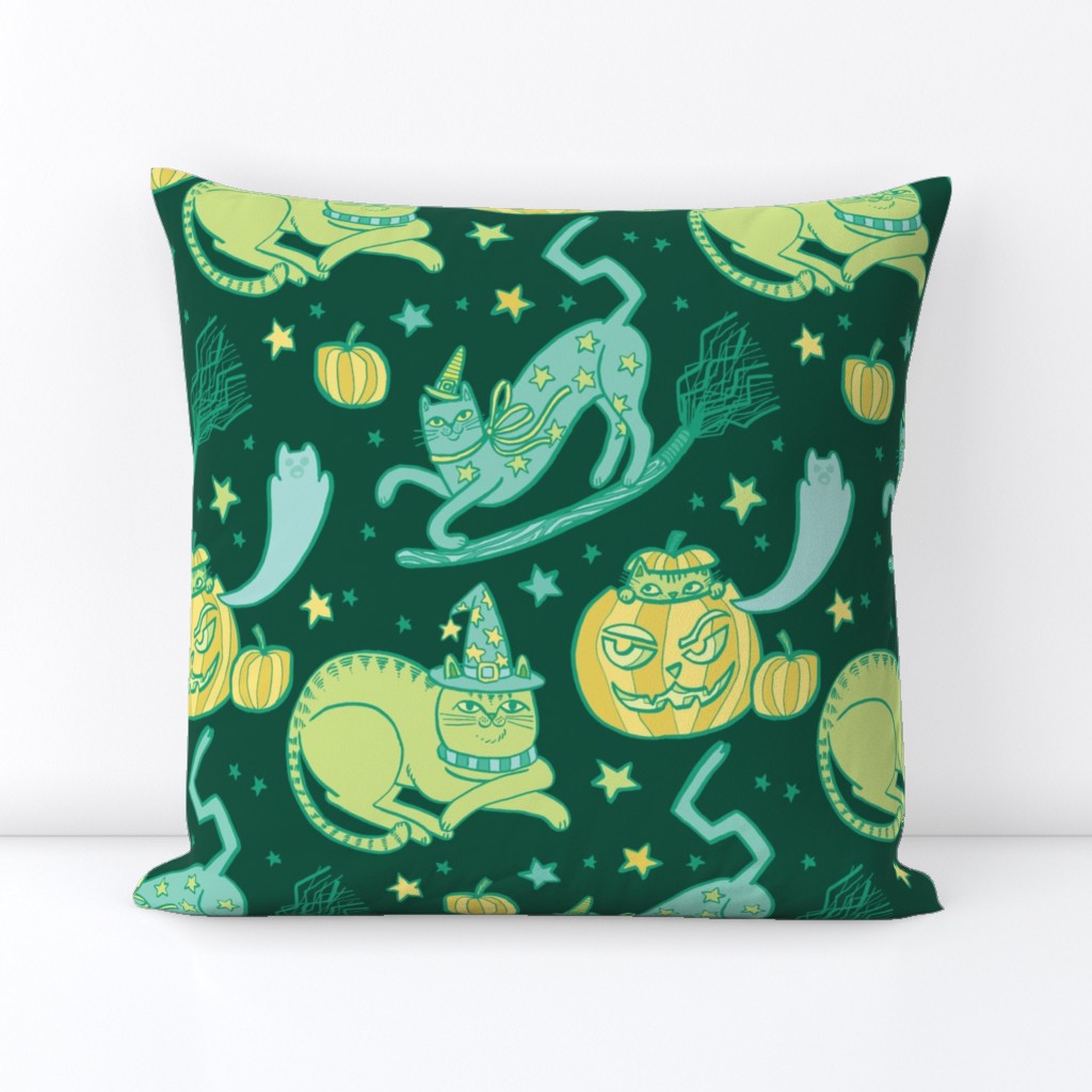 Witchy Cats in Dark Green