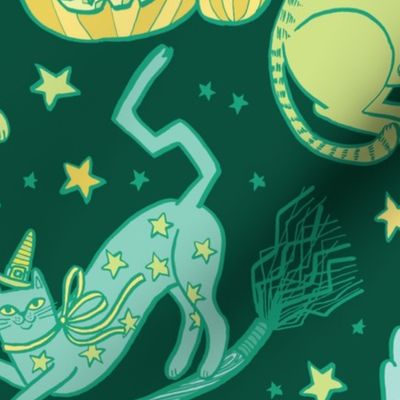 Witchy Cats in Dark Green