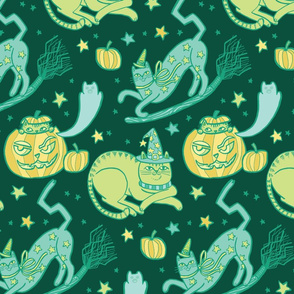 Witchy Cats in Dark Green