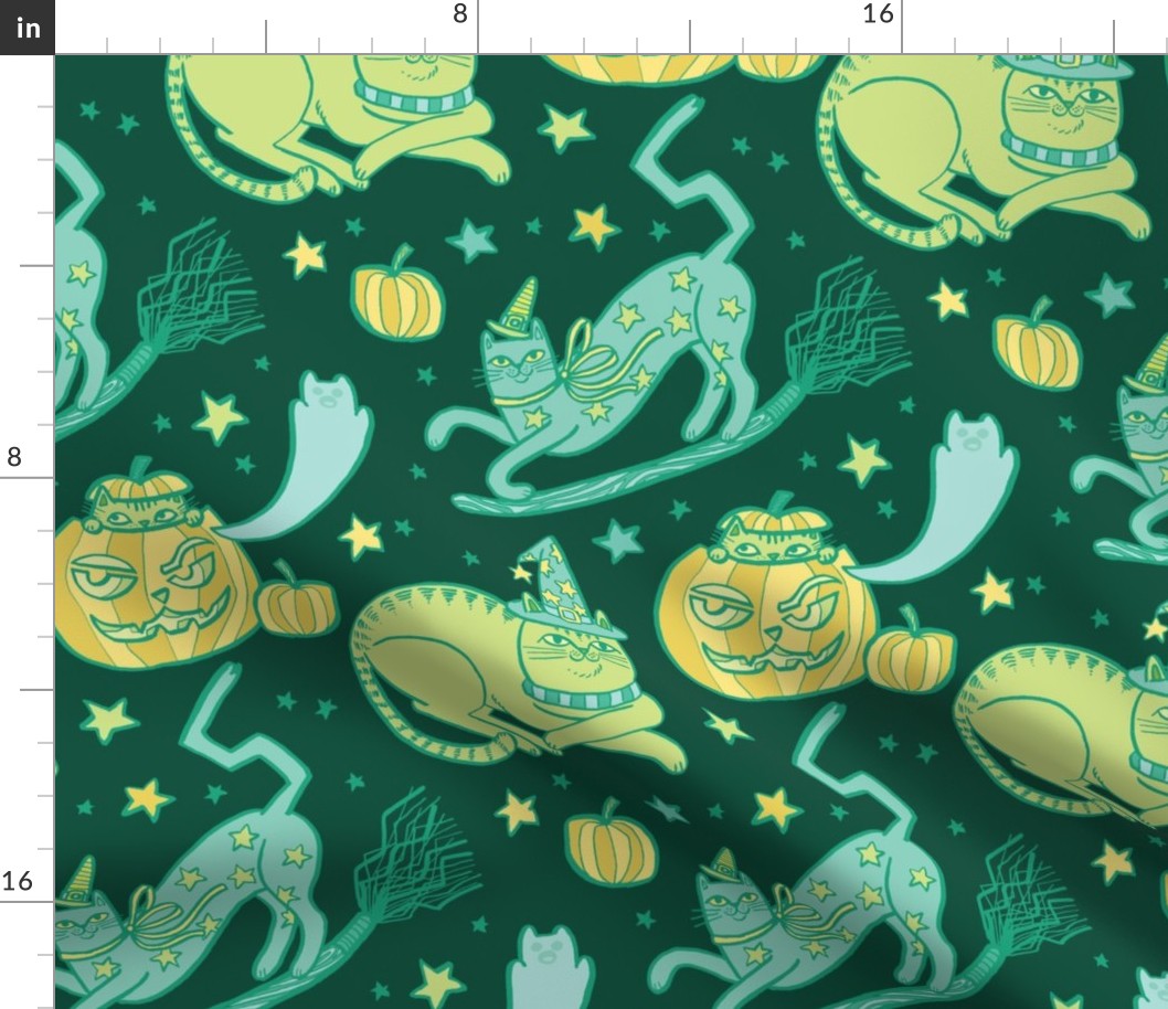 Witchy Cats in Dark Green