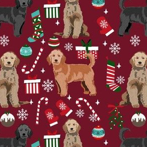 doodle dog christmas fabric - golden doodle fabric, dogs fabric , pet fabric - burgundy