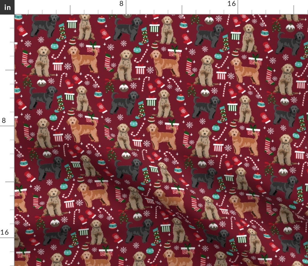 doodle dog christmas fabric - golden doodle fabric, dogs fabric , pet fabric - burgundy