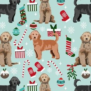 doodle dog christmas fabric - golden doodle fabric, dogs fabric , pet fabric - light blue