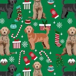 doodle dog christmas fabric - golden doodle fabric, dogs fabric , pet fabric - green