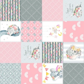 Pink Elephant Quilt Fabric – Baby Girl Patchwork Cheater Quilt Blocks - A rotated