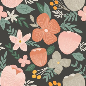 autumn pink florals on charcoal