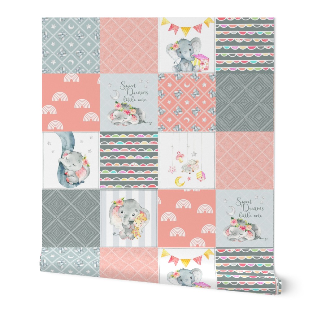 Peach Elephant Quilt Fabric – Baby Girl Patchwork Cheater Quilt Blocks AB