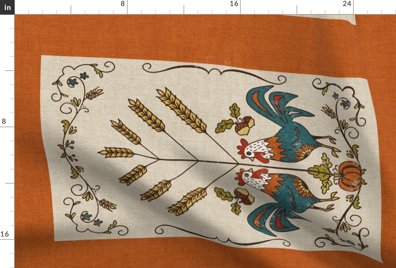 Folk Art Roosters Tea Towel