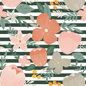 autumn pink  florals on hunter green thick stripes