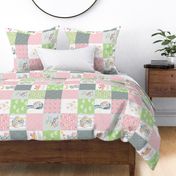 Pink + Green Elephant Quilt Fabric – Baby Girl Patchwork Cheater Quilt Blocks - AC rotated