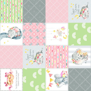 Pink + Green Elephant Quilt Fabric – Baby Girl Patchwork Cheater Quilt Blocks - AC rotated