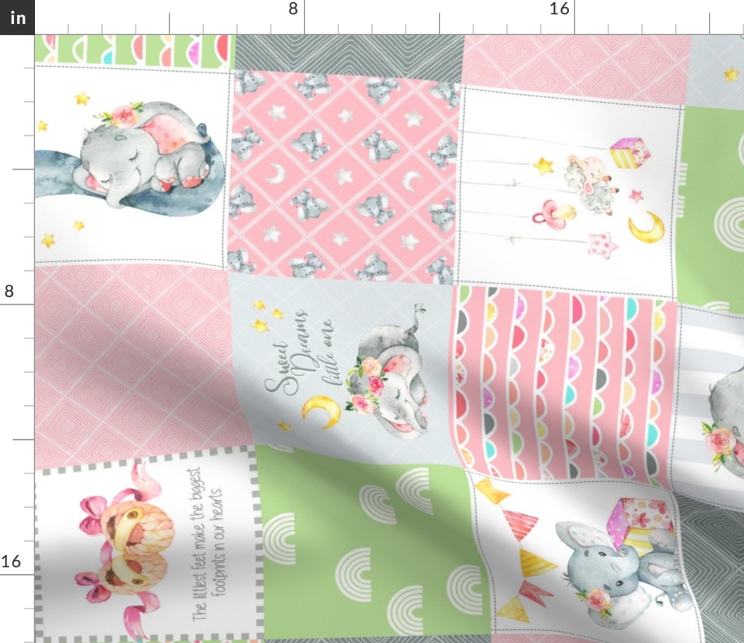 Pink + Green Elephant Quilt Fabric – Baby Girl Patchwork Cheater Quilt Blocks - AC rotated