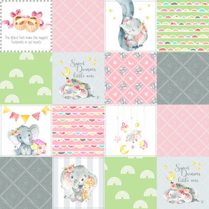 Pink + Green Elephant Quilt Fabric – Baby Girl Patchwork Cheater Quilt Blocks - AC
