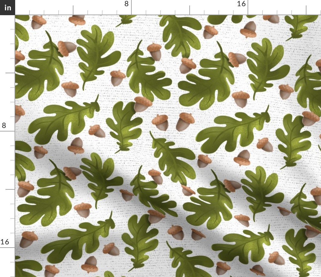 Green Oak Leaves and Acorns on Textured Background