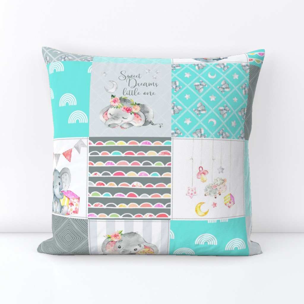 Aqua Elephant Quilt Fabric – Baby Girl Patchwork Cheater Quilt Blocks AD