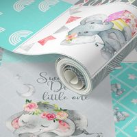 Aqua Elephant Quilt Fabric – Baby Girl Patchwork Cheater Quilt Blocks AD