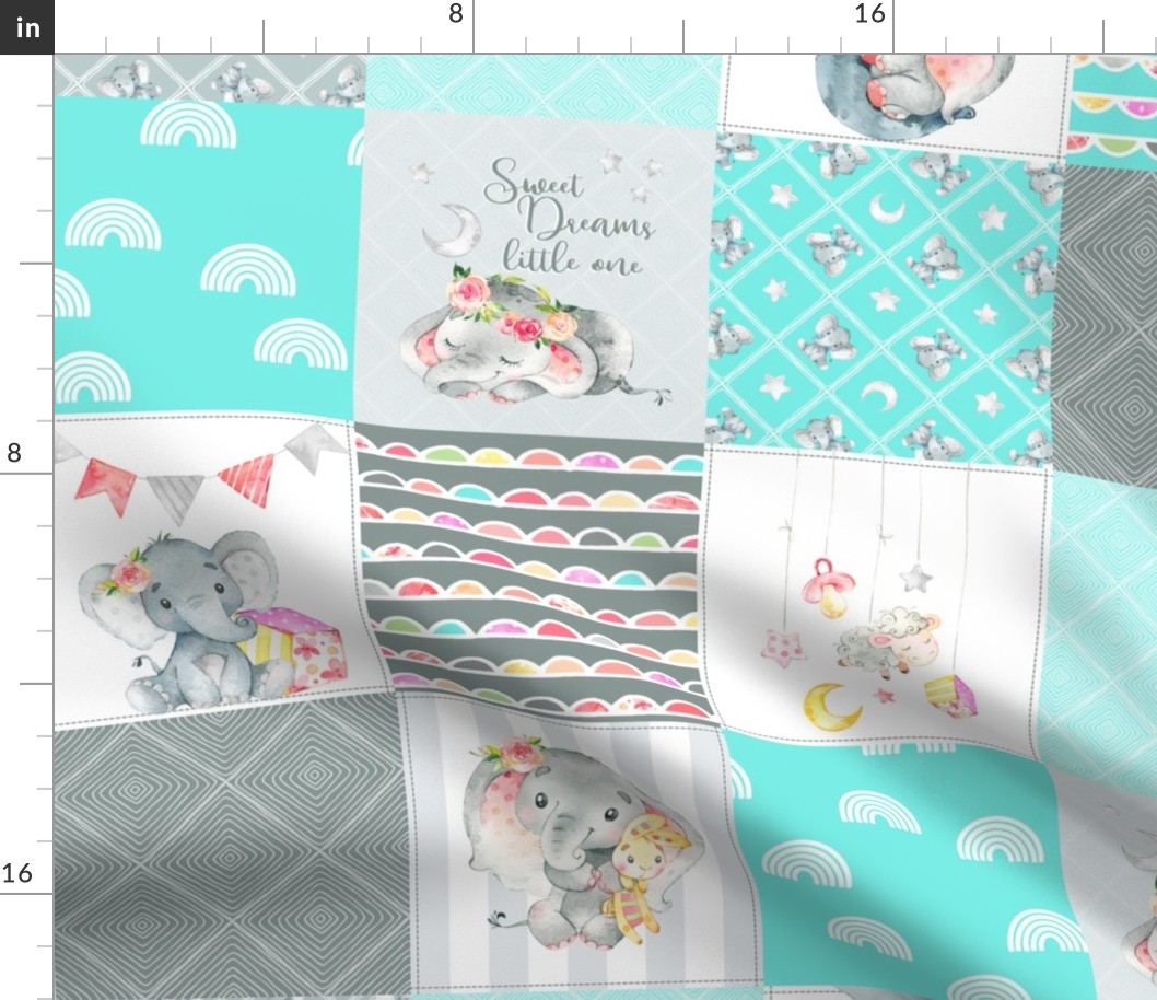 Aqua Elephant Quilt Fabric – Baby Girl Patchwork Cheater Quilt Blocks AD