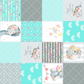 Aqua Elephant Quilt Fabric – Baby Girl Patchwork Cheater Quilt Blocks - AD rotated