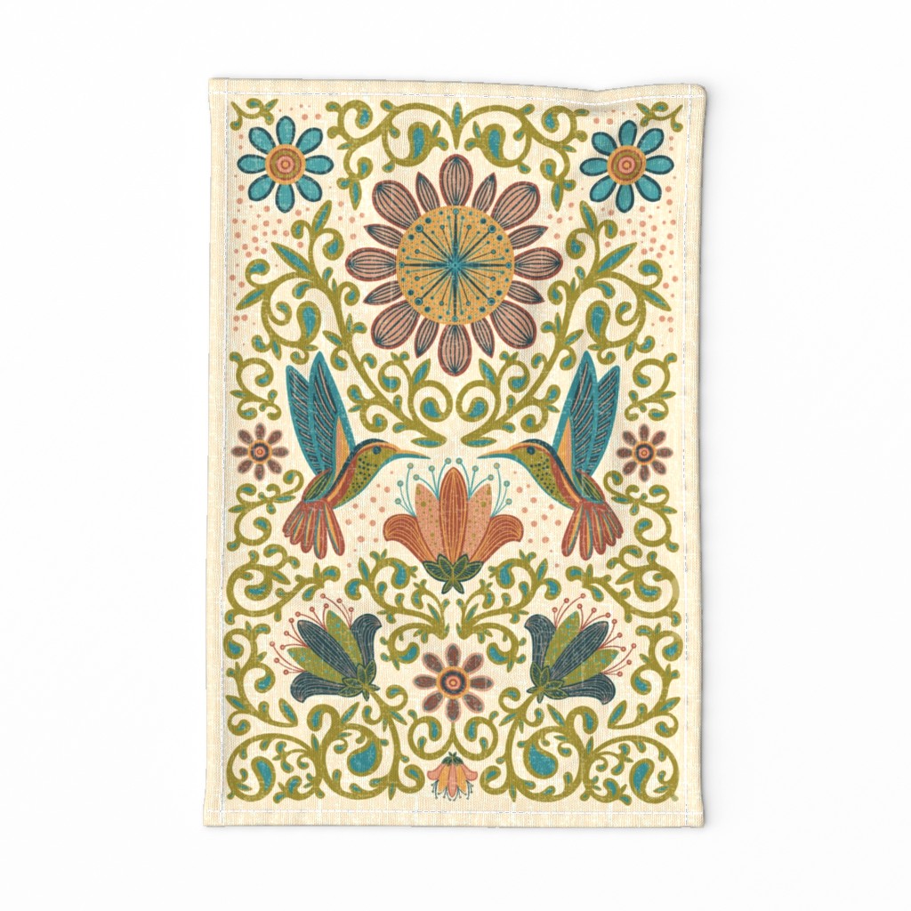 Enchanted Hummingbirds- Folk Art Tea Towel
