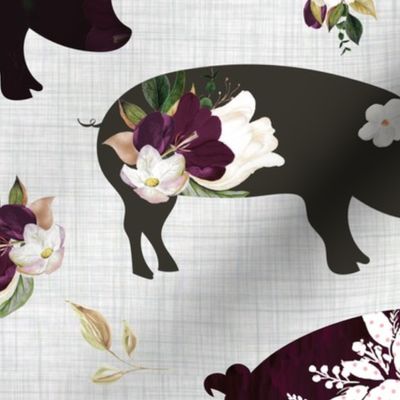 maroon floral piggies on gray linen