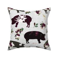 maroon floral piggies on gray linen