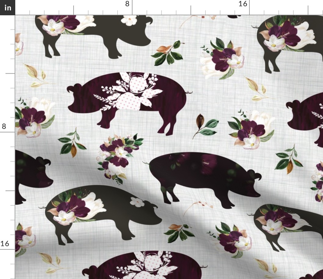 maroon floral piggies on gray linen