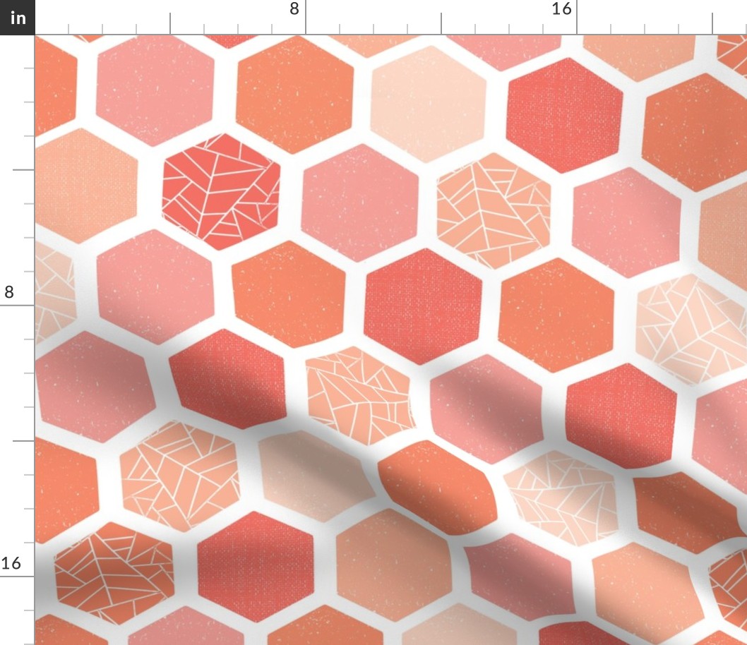 Mid-century Screen Print Hexagon Shapes Coral Pink