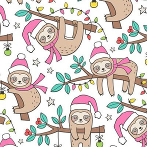 Christmas Holidays Winter Sloths Pink on White