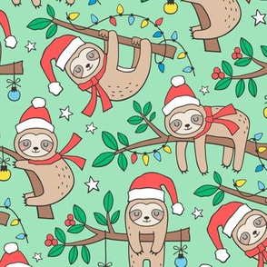 Christmas Holidays Winter Sloths on Light Green