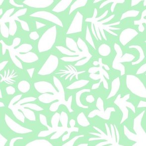 White Abstract Leaves On Mint Green