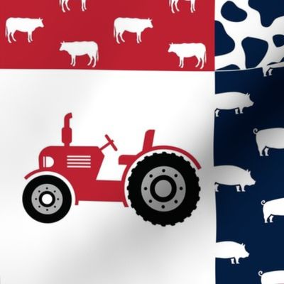 FARM3 | Tractor Cow Pig| Navy Red| Wholecloth Cheater Quilt