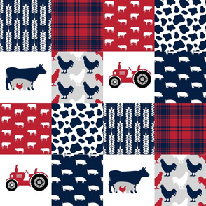 FARM3 | Tractor Cow Pig| Navy Red| Wholecloth Cheater Quilt