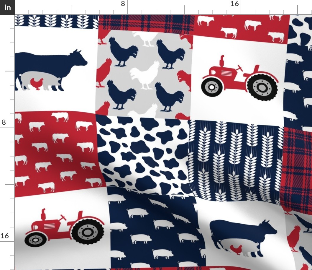 FARM3 | Tractor Cow Pig| Navy Red| Wholecloth Cheater Quilt