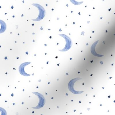 Blue moons and stars in watercolor, night tender pattern for nursery